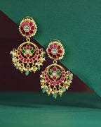 92.5 Silver Gold-Plated Kundan Pattern Chandbali Earrings