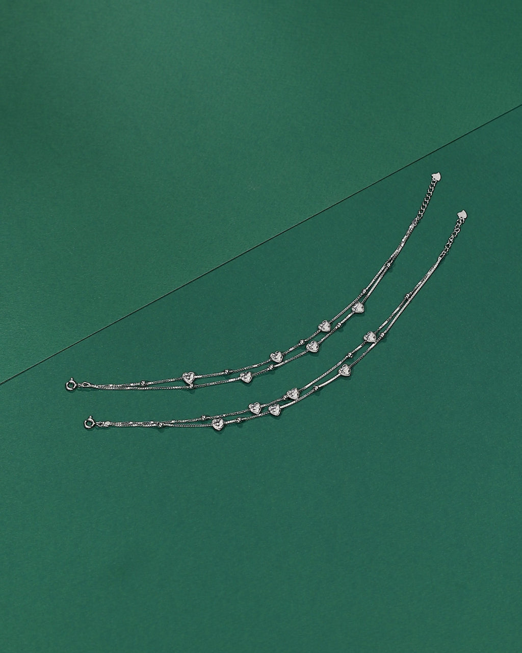 Silver Heart-Dangle Double Layer Anklets