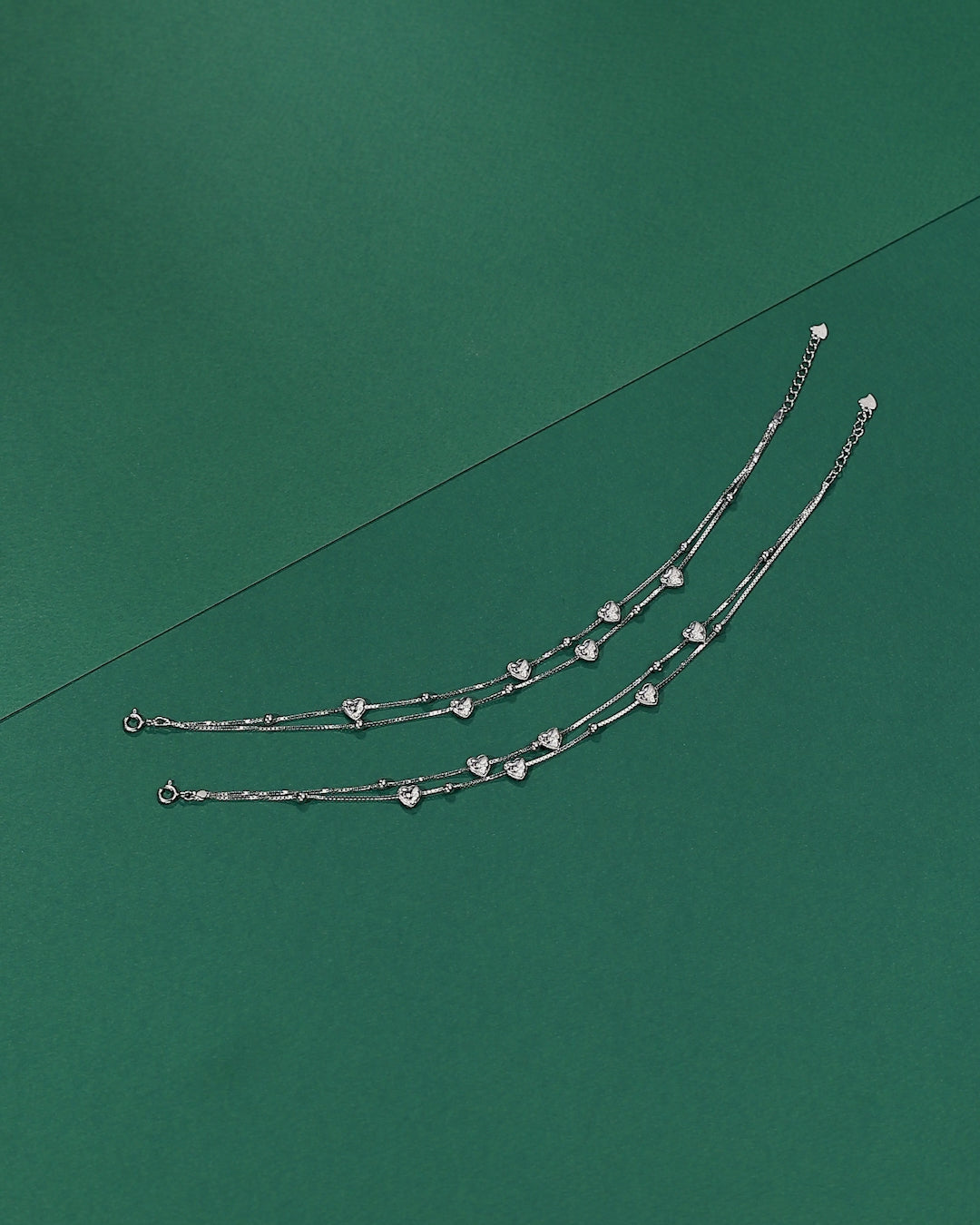 Silver Heart-Dangle Double Layer Anklets