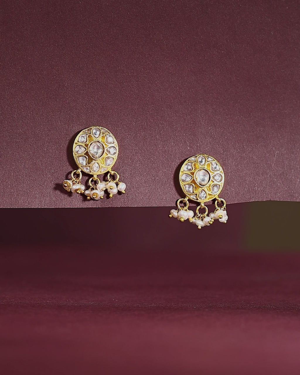 Silver Polki Style CZ Studs with Pearl Drops