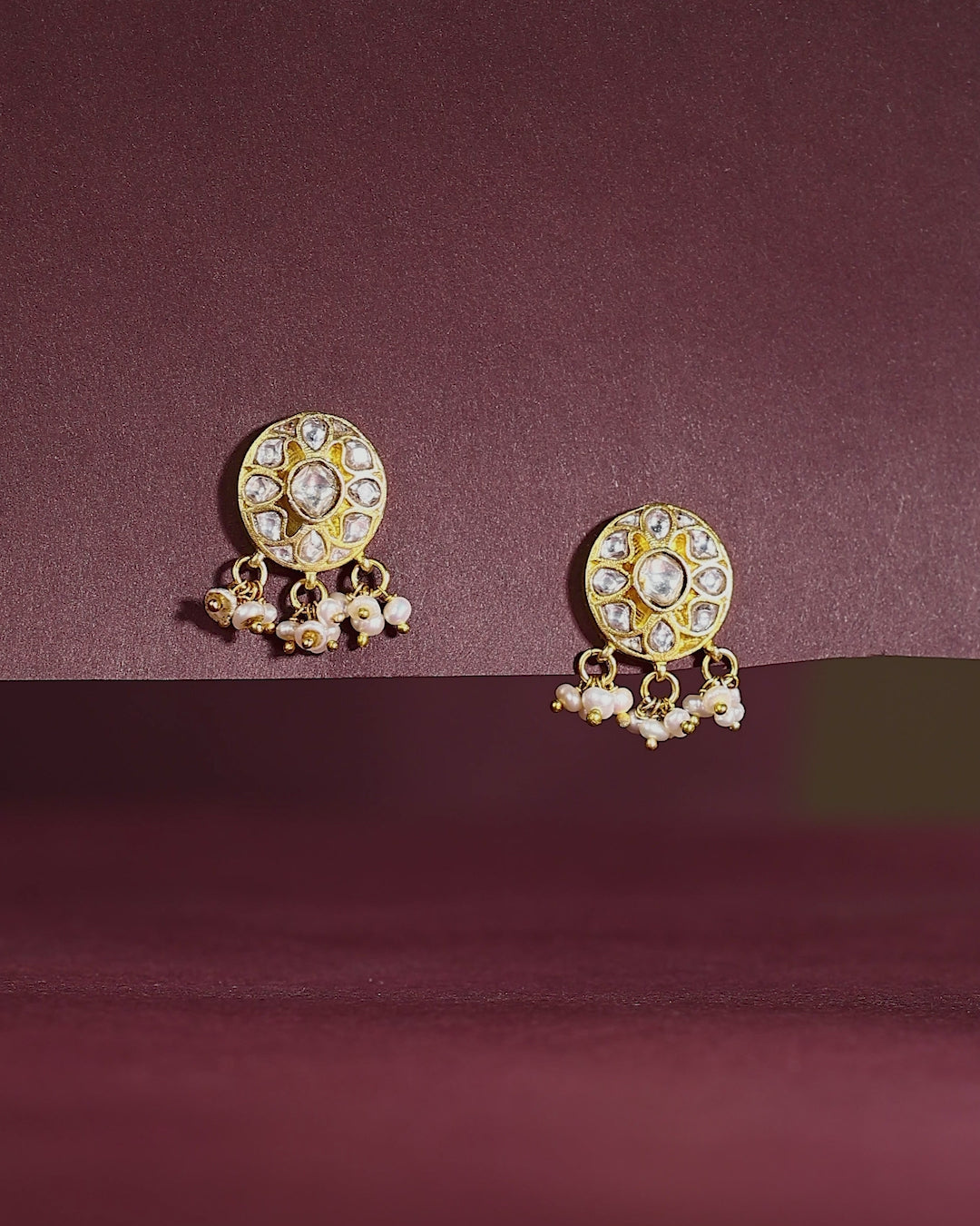 Silver Polki Style CZ Studs with Pearl Drops