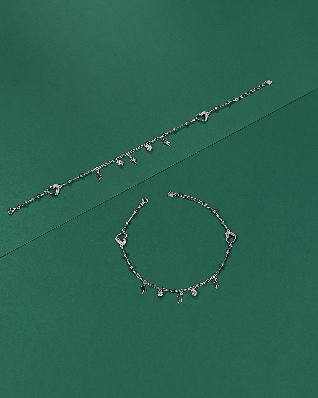 Silver Heart & Thunder Charm Anklet Set