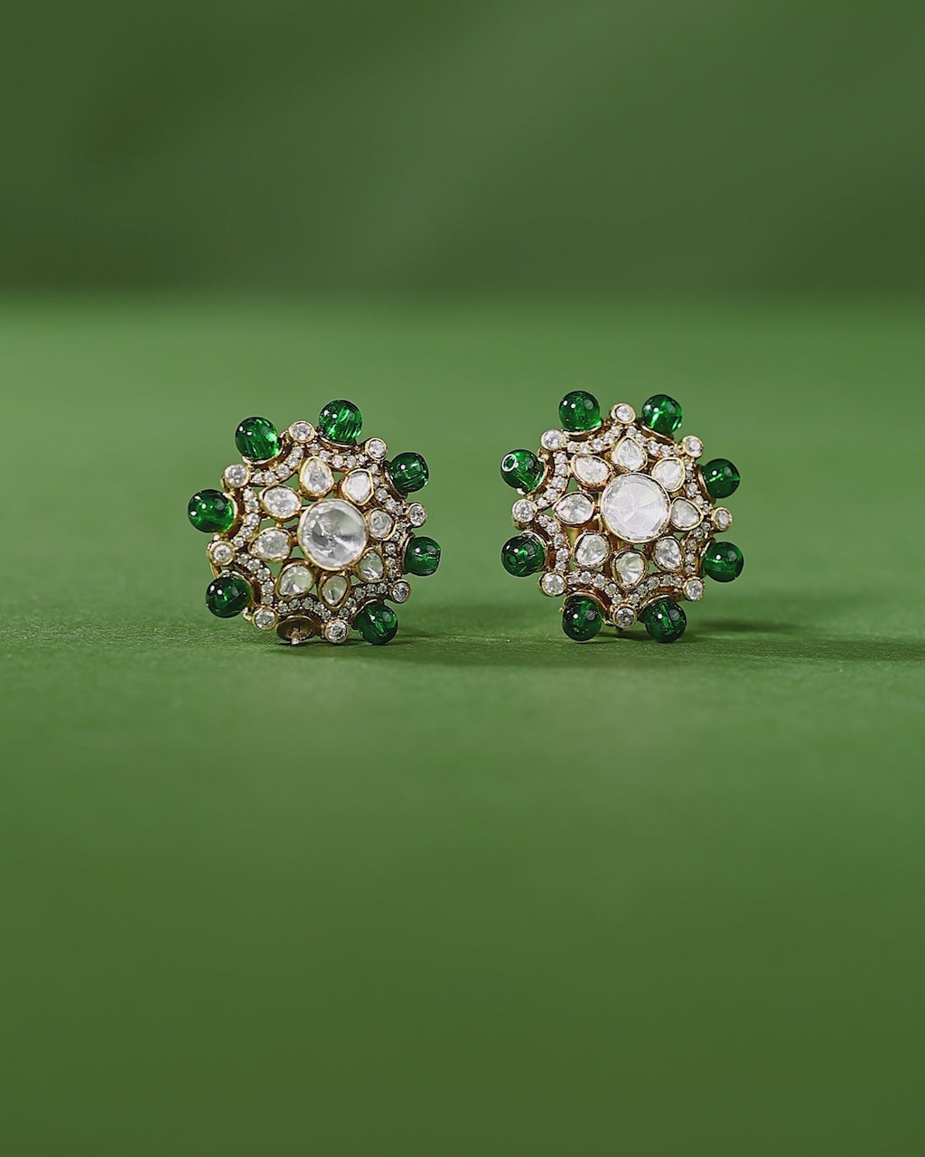 Green Bead Floral Halo Stud Earrings in 92.5 Silver
