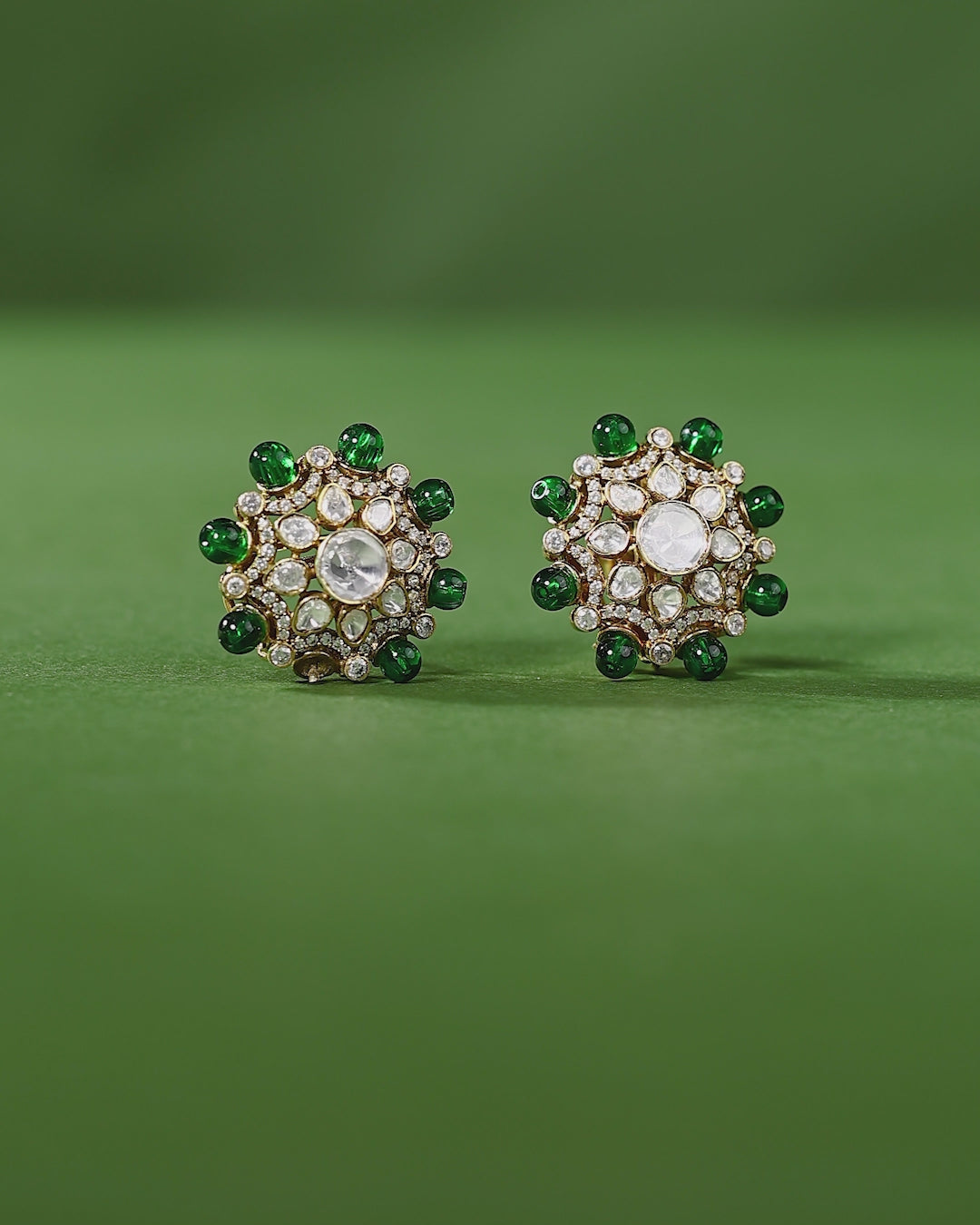 Green Bead Floral Halo Stud Earrings in 92.5 Silver