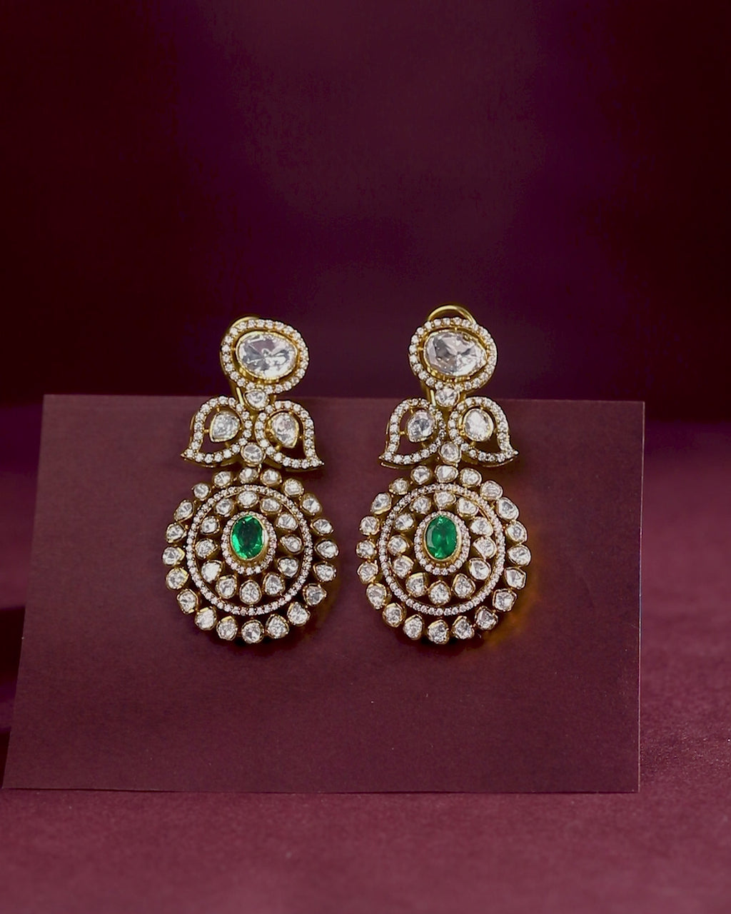 Empress Leaf-Motif Polki Style Silver Drop Earrings