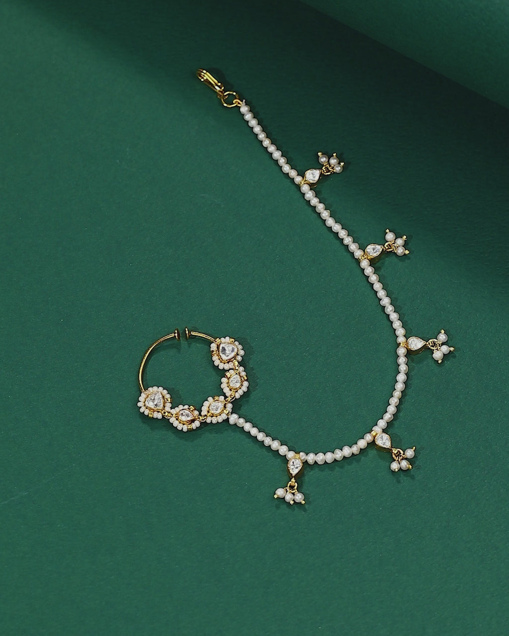 Silver Polki Pattern Nath with Pearl Sahare Chain
