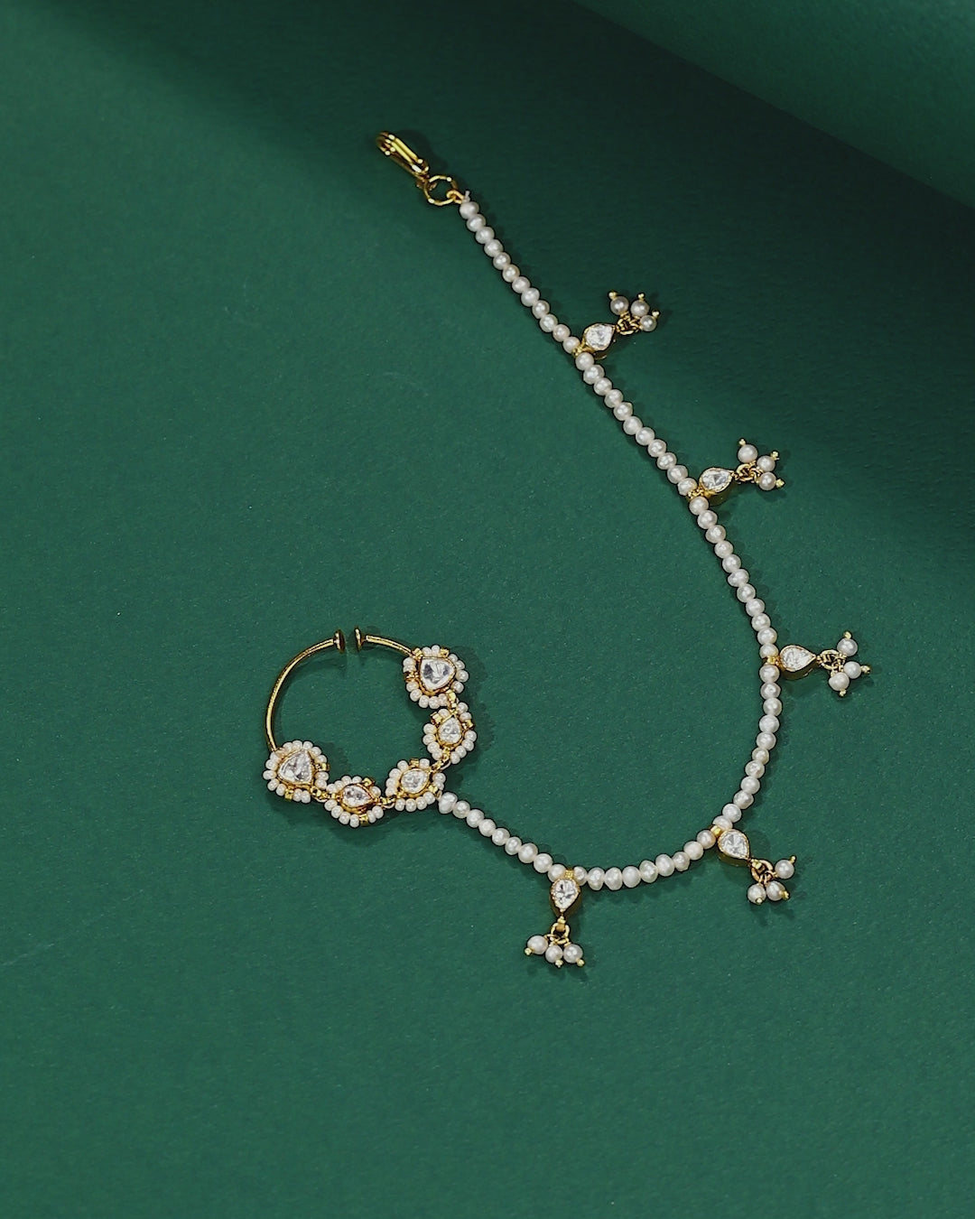 Silver Polki Pattern Nath with Pearl Sahare Chain